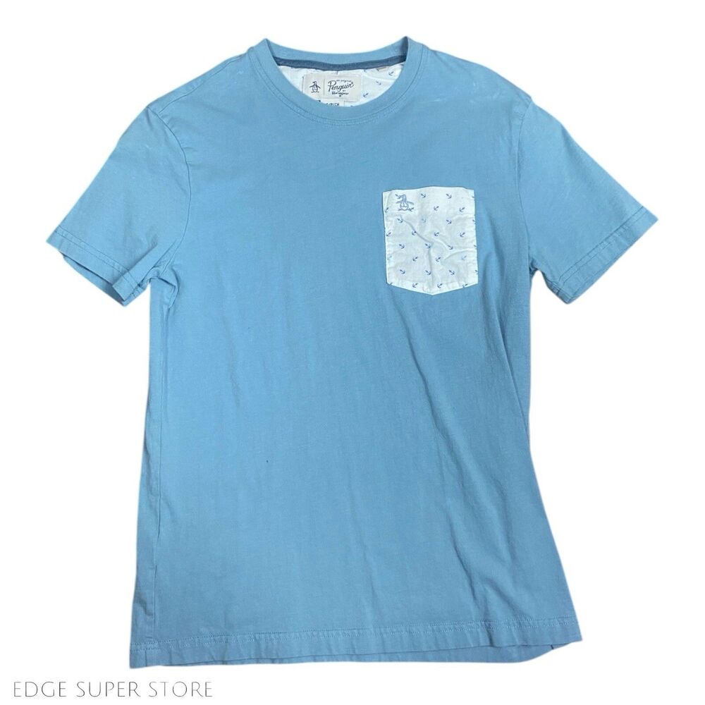 Penguin Light Blue Short Sleeve Pocket Cotton Logo Tee T Shirt Size Small